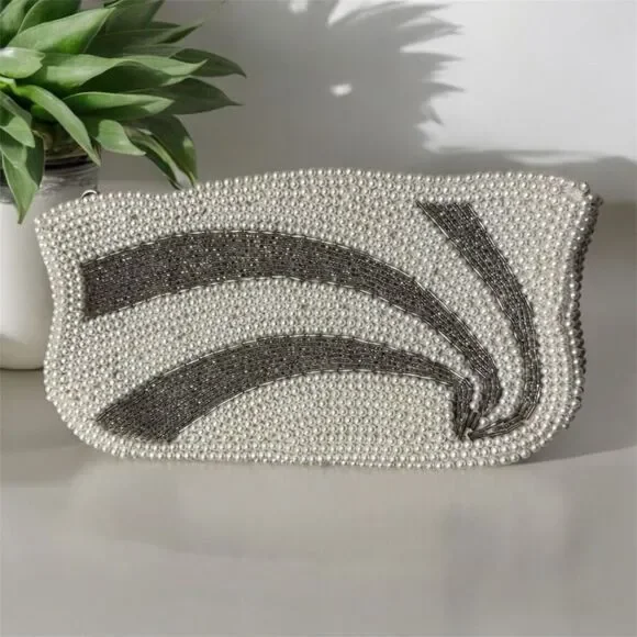 Antique Hand Beaded Pearl Evening Bag Cream Clutch w/Beaded Accents Zipper Close - Picture 1 of 11
